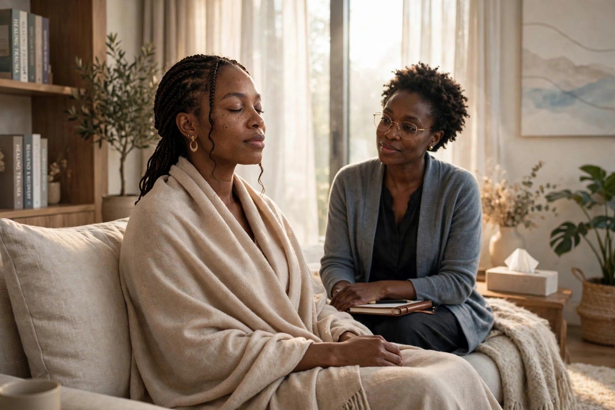 A client receiving trauma and PTSD counselling support.
