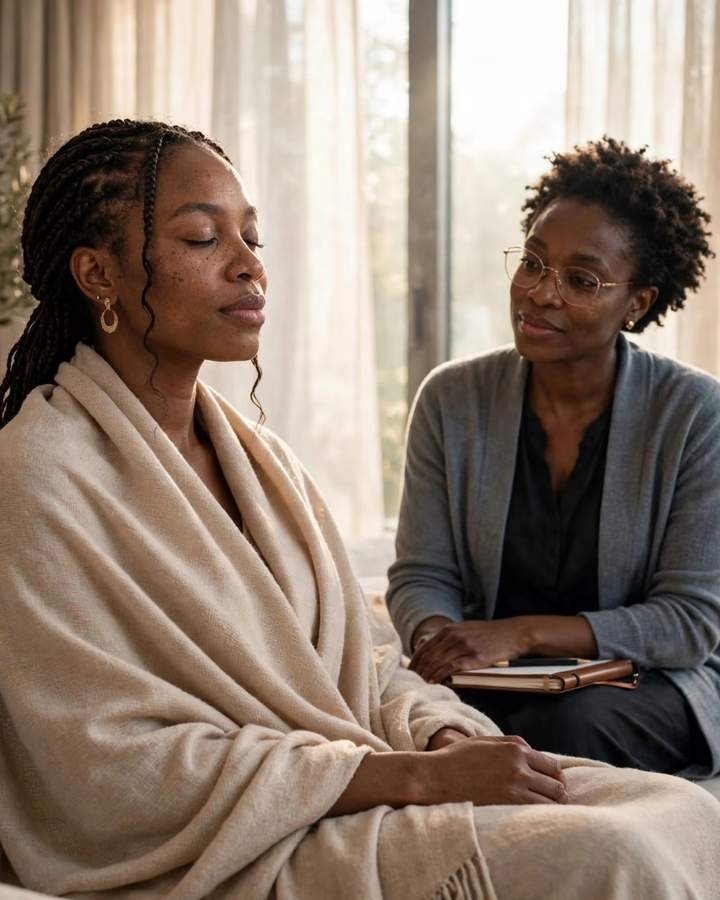 A client receiving trauma and PTSD counselling support.