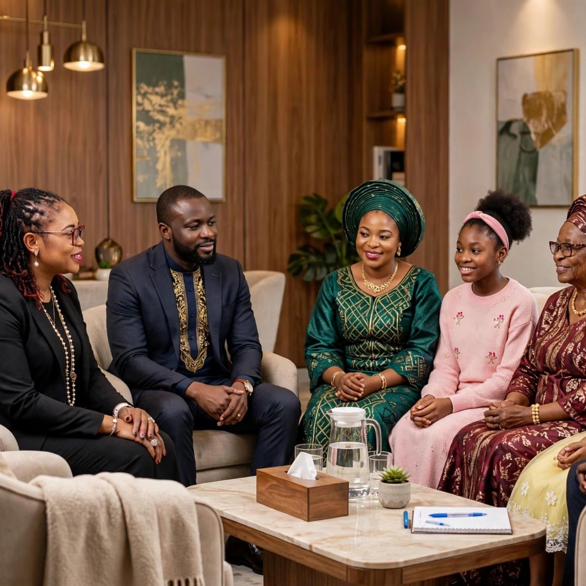 Family therapy in a welcoming counselling setting.