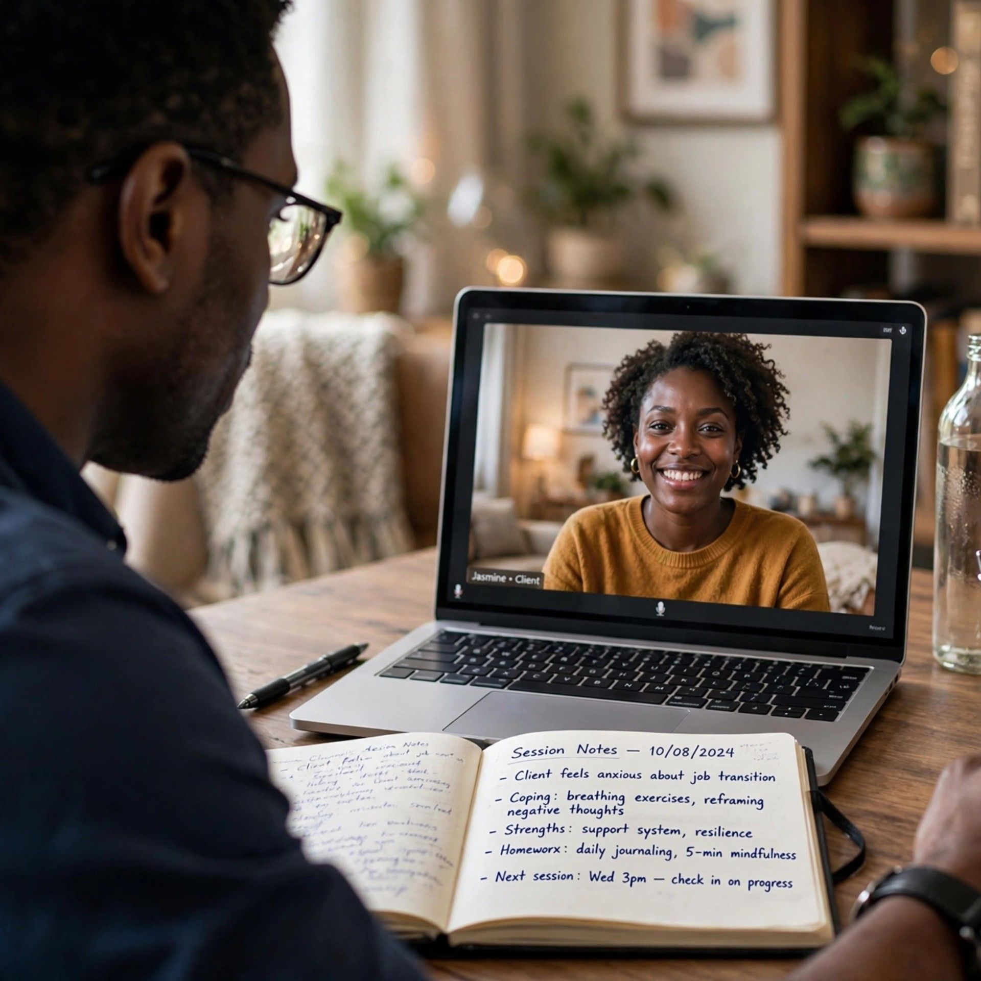 A Nigerian therapist and client in a warm online counselling session