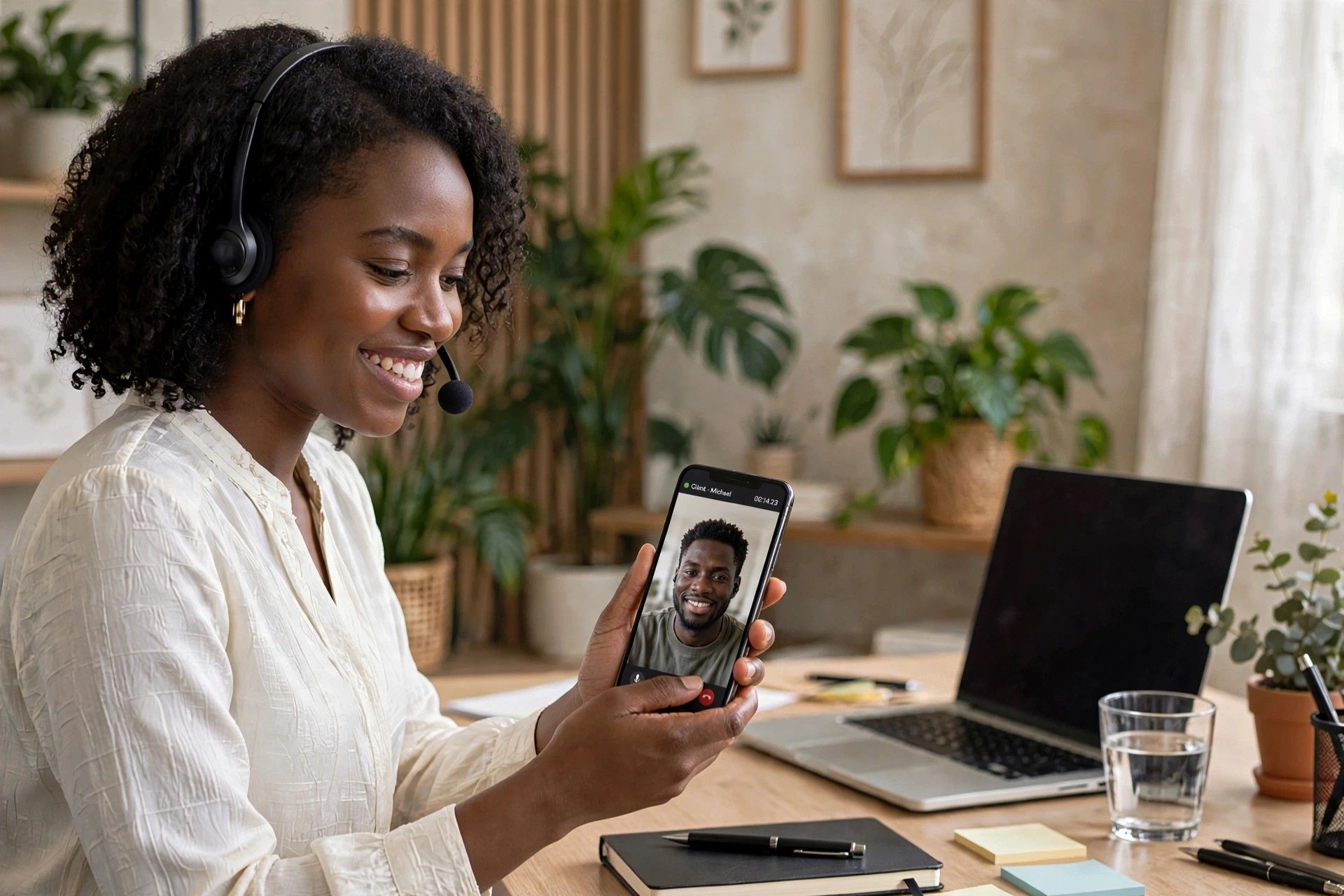 A female care specialist on virtual clarity call